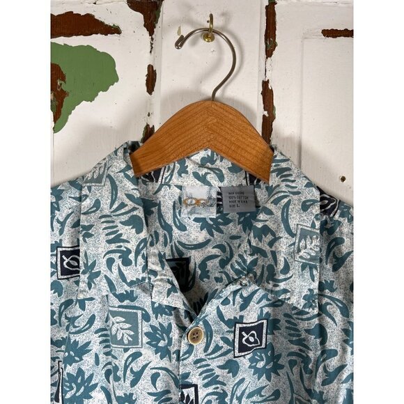 OP Sport Mens Size L Hawaiian Camp Shirt Blue Retro Print Cotton Blue Side Slits - Picture 5 of 10